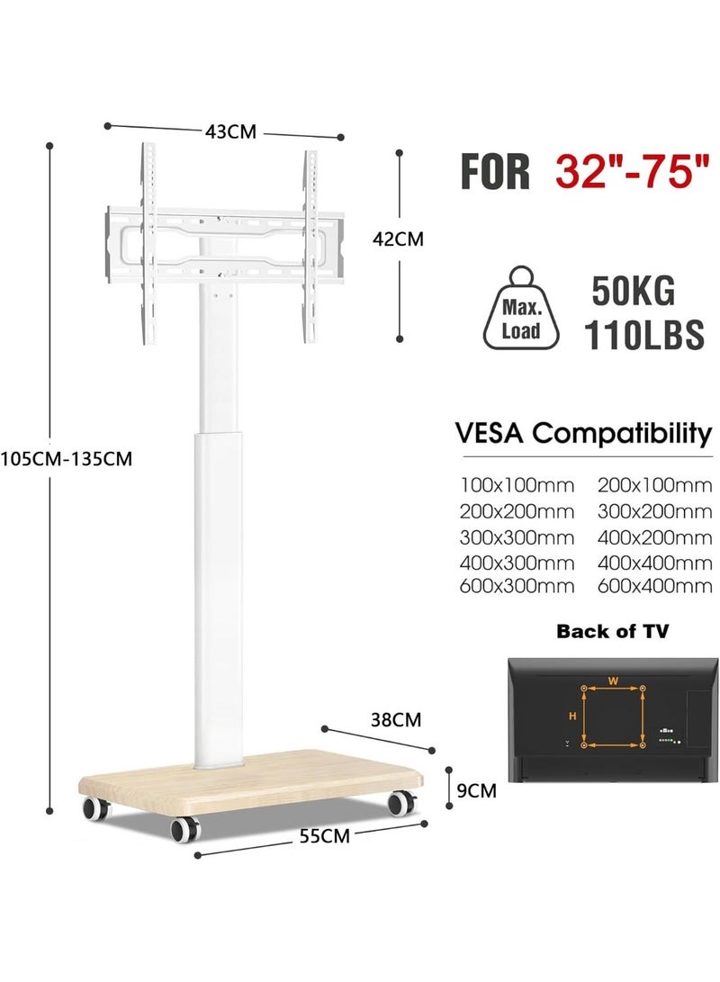Anvanke Rolling Mobile TV Stand Height Adjustable Heavy-Duty Floor Base for 25-75 Inch LCD LED OLED Screens | White - Image 2